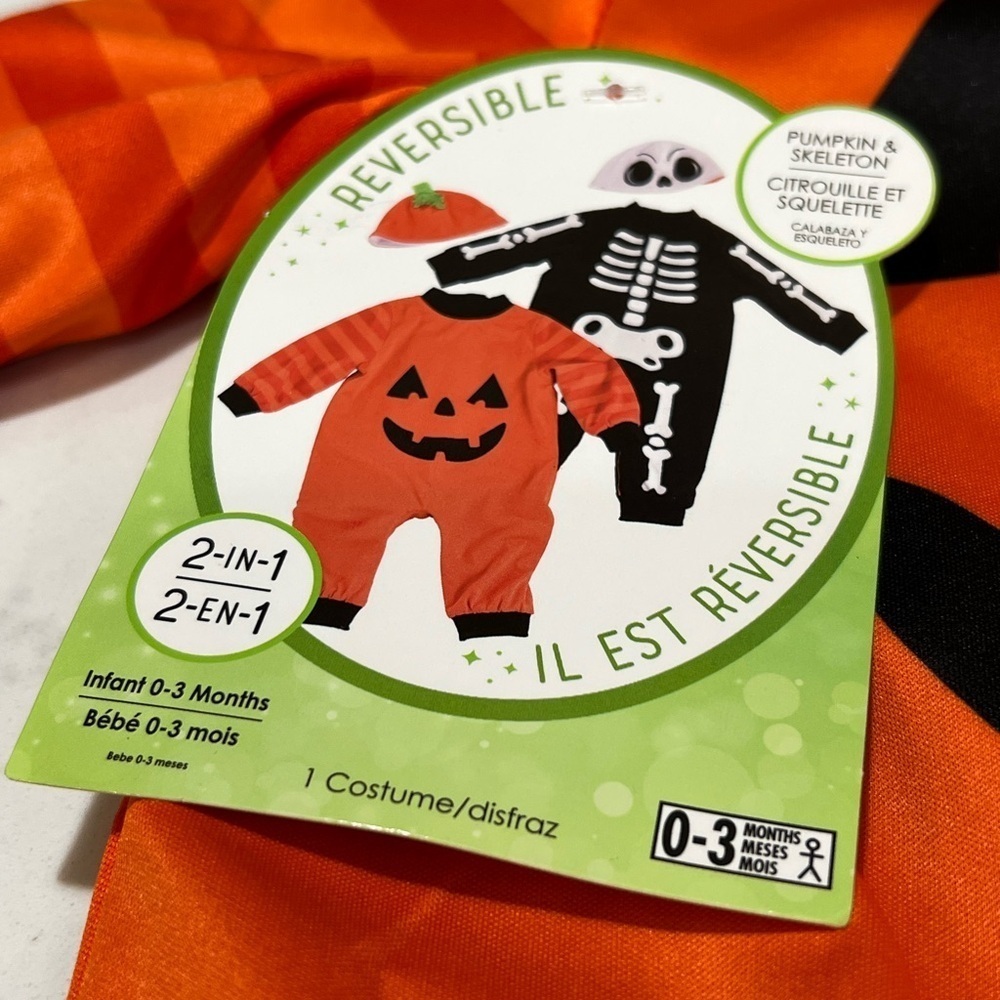 ORANGE AND BLACK PUMPKIN AND SKELATON REVERSIBLE COSTUME FOR KIDS - Picture 8 of 12
